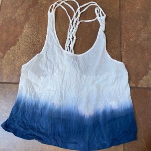White and blue tie dye macrame racer back top NWT